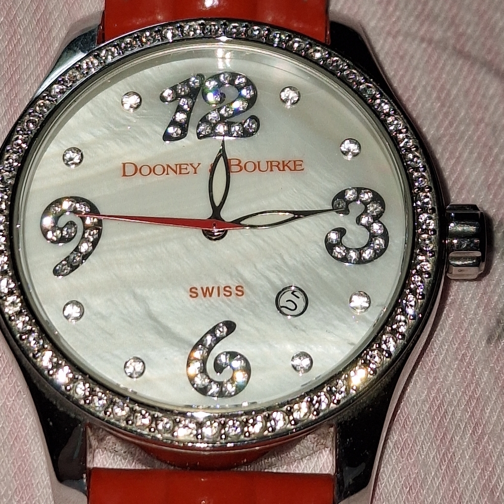 Dooney & Bourke Silver Rhinestone Red Leather Women's Watch w/Date